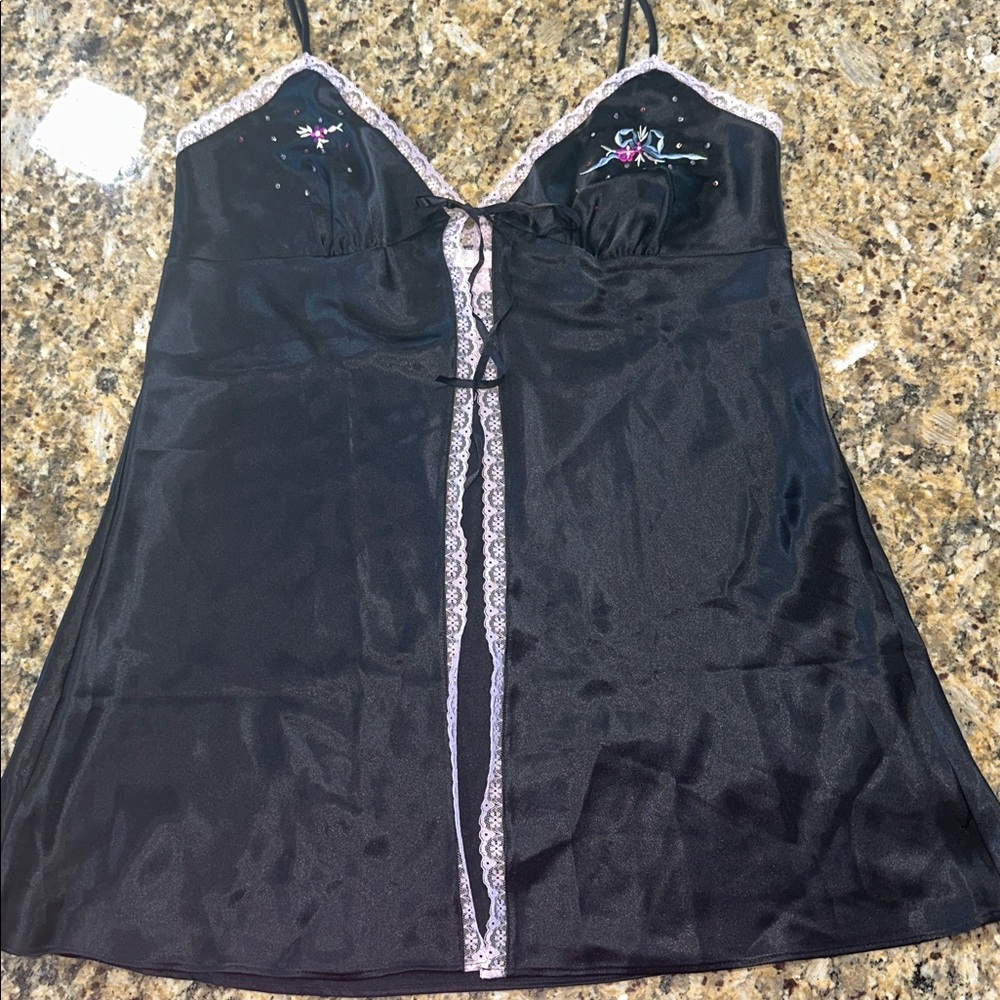 Black satin VS embroidered slip, ties at bust